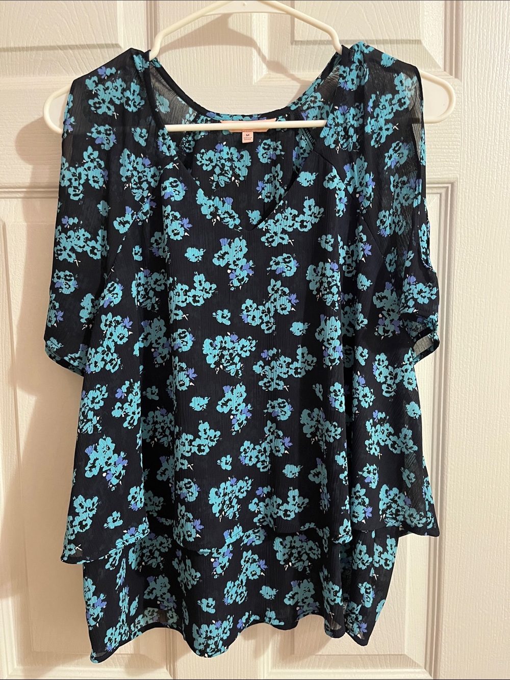 Juicy Couture Black Cold-Shoulder Blouse with Blue Floral Print